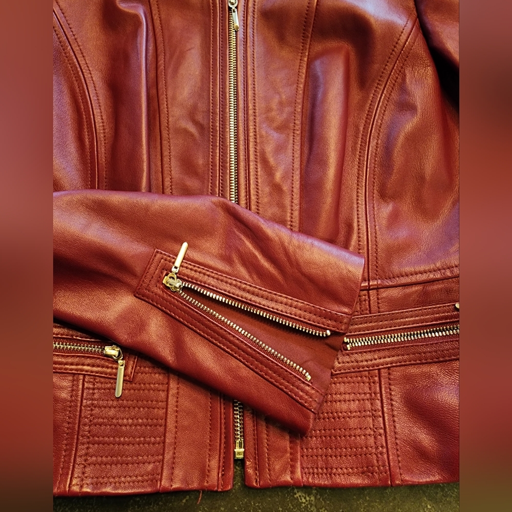 Free Ship!! WHBM Red Leather Moto Jacket with Sleek Fit SIZE XS - Picture 7 of 16